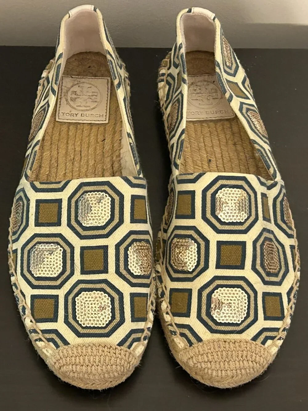 TORY BURCH Sz 7 Cecily Geometric Pattern w/ Sequins Espadrille Flats Shoes Logo